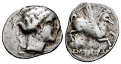 Hispania Antigua / Ancient Hispania Emporiton. Dracma. 220-150 d.C. Ampurias (Girona). (Abh-1101). Ag. 4,19 g. BC+. Est...150,00. / Emporiton. Dracma. 220-150 d.C. Ampurias (Girona). (Abh-1101). Ag. 4