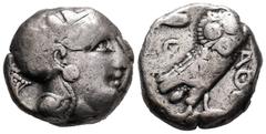Greek coins / Grecia Antigua Ática. Tetradracma. 449-413 a.C. Atenas. (Gc-2526). Anv.: Cabeza de Atenea con casco a derecha. Rev.: Lechuza a derecha, mirando de frente con rama de olivo y creciente, d