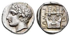 Greek Coins / Grecia Antigua Macedonia. Chalkidian League. Tetradracma. 370 a.C. Olynthos. (Robinson & Clement Group H, 16 - A14/P15). (Sng Ans-no cita). Anv.: Cabeza laureada de Apolo a izquierda. Re