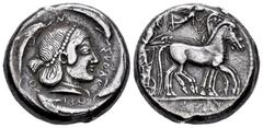 Greek Coins / Grecia Antigua Sicilia. Siracusa. Tetradracma. 480 a.C. (Boehringer-138). Anv.: Biga al paso a derecha,conducida por un auriga que lleva las riendas, encima Victoria volando a derecha. R