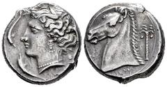 Greek Coins / Grecia Antigua Acuñaciones Siculo-Púnicas. Tetradracma. 320-300 a.C. Entella. Primera Guerra Púnica. (Gc-6435). (Sng Cop-84). Anv.: Cabeza de Perséfone-Tanit a la izquierda, con collar d