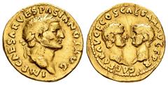 Roman Imperial / Imperio Romano Vespasiano. Áureo. 69-71 d.C. ¿Tarraco?. (Ric-1301). (Cal-715). (Ch-4). Anv.: IMP CAESAR VESPASIANVS AVG. Busto laureado a derecha. Rev.: CAESAR AVG F COS CAESAR AVG F 