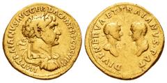 Roman Imperial / Imperio Romano Trajano. Áureo. 112-113 d.C. Roma. (Ric-726). (Cal-1138). (Ch-1). Anv.: IMP TRAIANVS AVG GER DAC P M TR P COS VI P P. Busto laureado a derecha. Rev.: DIVI NERVA ET TRAI