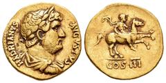 Roman Imperial / Imperio Romano Adriano. Áureo. 125-128 d.C. Roma. (Ric-187e). Anv.: HADRIANVS AVGVSTVS. Busto laureado, drapeado y acorazado a derecha. Rev.: COS III. El emperador galopando con lanza