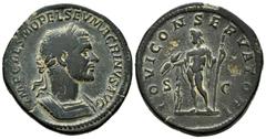 Roman Imperial / Imperio Romano Macrino. Sestercio. 217 d.C. Roma. (Spink-7379). (Ric-189). (Ch-39). Anv.: IMP CAES M OPEL SEV MACRINVS AVG. Busto laureado y acorazado de Macrino. Rev.: IOVI CONSERVAT