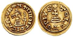 Visigothic Coins / Monedas Visigodas Egica (687-702). Tremissis. Toleto (Toledo). (Cnv-528.14). (Pliego-684c). Anv.: +IN+PIN·M·EGICAP+VR. Rev.: +TOLETOPIVS. Au. 1,52 g. Muy escasa. EBC. Est...1500,00.