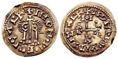 Visigothic Coins / Monedas Visigodas Egica y Witiza (698-702). Tremissis. Emérita (Mérida). (Cnv-580.31 variante). Au. 1,22 g. Punto en el primer y segundo cuadrante. Buena acuñación. Rara. EBC. Est..