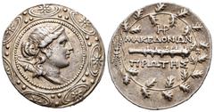 Greek Coins / Grecia Antigua Macedonia. Amphipolis. Tetradracma. 158-149 a.C. (Sng Cop-1314-15). Anv.: Cabeza diademada y drapeada de Artemisa a derecha, dentro de escudo macedonio. Rev.: Maza en hori
