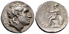 Greek Coins / Grecia Antigua Reino de Tracia. Lisímaco. Tetradracma. 288-282 a.C. Amphipolis. (Müller-346). Anv.: Cabeza de Alejandro Magno como Amón a derecha. Rev.: Atenea sentada a izquierda con Vi