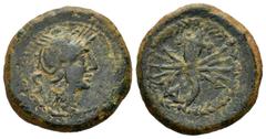 Celtiberian Coins / Hispania Antigua Valentia. Semis. 130-50 a.C. Valencia. (Abh-2513). (Acip-2054). (C-5). Anv.: Cabeza galeada de Roma a derecha, detrás S. Rev.: Cuerno de la abundancia sobre haz de