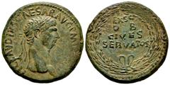 Roman Imperial / Imperio Romano Claudio I. Sestercio. 41-42 d.C. Roma. (Spink-1849). (Ric-96). Rev.: EX / OB / CIVES / SERVATOS. Dentro de láurea. Ae. 27,85 g. Pátina verde con tonos marrones. MBC+. E