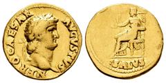 Roman Imperial / Imperio Romano Nerón. Áureo. 65-66 d.C. Roma. (Spink-1932). (Ric-59). (Cal-443). Anv.: NERO CAESAR AVGVSTVS. Busto laureado a derecha. Rev.: SALVS. Salus entronada a izquierda con pát