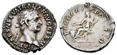 Roman Imperial / Imperio Romano Trajano. Denario. 98-99 d.C. Roma. (Ric-12). (Bmcre-4). (Rsc-302). Anv.: IMP CAES NERVA TRAIAN AVG GERM. Cabeza laureada a derecha. Rev.: PONT MAX TR POT COS II. Condor