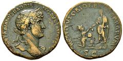 Roman Imperial / Imperio Romano Adriano. Sestercio. 123 d.C. Roma. (Spink-3637). (Ric-594a). (Ch-1285). Rev.: RESTITVTORI ORBIS TERRARVM S C. Adriano en pie a izquierda, levantando a una mujer de rodi