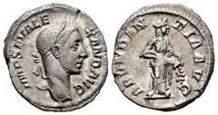 Roman Imperial / Imperio Romano Alejandro Severo. Denario. 229 d.C. Roma. (Spink-7855). (Ric-184). (Seaby-1a). Rev.: ABVNDANTIA AVG. Abundantia en pie a izquierda vaciando cuerno de la abundancia con 