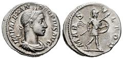 Roman Imperial / Imperio Romano Alejandro Severo. Denario. 232 d.C. Roma. (Spink-7882). (Ric-246). (Seaby-161a). Rev.: MARS VLTOR. Marte avanzando a derecha con escudo y lanza. Ag. 3,10 g. MBC+. Est..