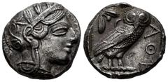 Greek Coins / Grecia Antigua Attica. Athens. Tetradrachm. 440-404 a.C. (Gc-2526). (Sng Cop-31). Anv.: Head of Athena right, wearing crested Attic helmet ornamented with three olive leaves above visor 