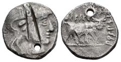 Ancient Hispania / Hispania Antigua Arse-Saguntum. Drachm. 300-200 a.C. Sagunto (Valencia). (Abh-2040). (Acip-1938). Anv.: Galley head to the right . Rev.: Androcephalous bull right above ARSEETaR, be