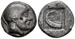 Greek Coins / Grecia Antigua Macedon. Skione. Tetradrachm. 480-470 a.C. (Dewing-1076). (Kraay, ACGC-470). Anv.: Helmeted male head (Protesilaos) to the right. Rev.: S-K-I-O. Ship's stern to the left, 