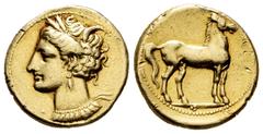 Greek Coins / Grecia Antigua Carthaginian coinage in Sicily and North Africa. Stater. 310-270 BC. Carthage. (Jenkins Lewis-280). Anv.: Tanit's head to left, pellet. Rev.: Horse standing on the right. 