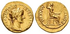 Roman Imperial / Imperio Romano Tiberius. Aureus. 14-37 AD. Lugdunum. (Ric-27). (Cal-305a). Anv.: TI CAESAR DIVI AVG F AVGVSTV(S). Laureate head right. Rev.: MAXIM PONTIF. Livia as Pax seated facing r