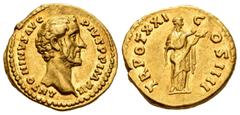 Roman Imperial / Imperio Romano Antoninus Pius. Aureus. 157-158 AD. Rome. (Ric-279a). (Cal-1683). Anv.: ANTONINVS AVG PIVS P P IMP II. Laureate head right. Rev.: TR POT XXI COS IIII. Salus standing ri