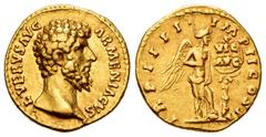 Roman Imperial / Imperio Romano Lucius Verus. Aureus. 163-164 AD. Rome. (Ric-522). (Ch-248). (Cal-2174). Anv.: L VERVS AVG ARMENIACVS. Bare head to right. Rev.: TR P IIII IMP II COS II. Victory standi