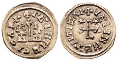 Visigothic Coins / Monedas Visigodas Egica and Witiza (698-702). Tremissis. 11-10 BC. Ispali (Sevilla). (R. Pliego-129). (Cnv-183). Anv.: + I º A º MEGICAP+. Cruciform scepter flanked by half-length b