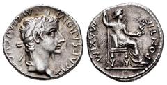 Roman Imperial / Imperio Romano Tiberius. Denarius. 16 d.C. Lugdunum. (Spink-1763). (Ric-30). Anv.: TI CAESAR DIVI AVG F AVGVSTVS. Laureate head right. Rev.: PONTIF MAXIM; Livia seated right with scep