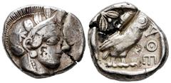 Greek Coins Attica. Athens. Tetradrachm. 454-404 BC. (Sng Cop-31). (Dewing-1591-8). (Kroll-8). Anv.: Head of Athena right, wearing crested Attic helmet ornamented with three olive leaves above visor a