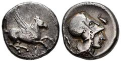 Greek Coins Corinthia. Corinth. Stater. 400-375 BC. (Pegasi-188/1). Anv.: Pegasos flying right. Rev.: Helmeted head of Athena right, dolphin above; behind, Zeus standing right, preparing to hurl thund