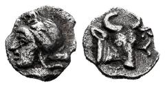 Greek Coins Mysia. Kyzikos. Hemiobol. 525-475 BC. (Fritze-20). (SNG von Aulock-7336). Anv.: Youthful, head of Attis left, wearing Phrygian cap; below, tunny-fish left. Rev.: Forepart of bull right, ah