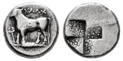 Greek Coins Bithynia. Kalchedon. Drachm. 367-340 BC. (SNG BM Black Sea-104). (Hgc-7, 511). Anv.: KAΛX, bull standing to left on grain ear; kerykeion and caduceus to lef. Rev.: Stippled quadripartite i