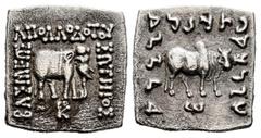 Greek Coins Kings of Bactria. Apollodotos I Soter. Drachm. 180-160 BC. (Bopearachchi-4E). (Hgc-12, 119). Anv.: ΒΑΣΙΛΕΩΣ ΑΠΟΛΛΟΔΟΤΟΥ ΣΩΤΗΡΟΣ. Elephant standing right; (PK) monogram below. Rev.: Zebu st