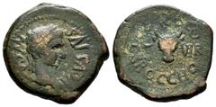 Ancient Hispania Calagurris. Half unit. 27 BC.-14 AD. Calahorra (La Rioja). Época de Augusto. (Abh-426). (Acip-3123). Anv.: Laureate head of Augustus on the right, around MVN CAL AVGVSTVS. Rev.: Bull'