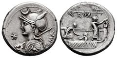 Roman Republican Licinius. P. Licinius Nerva. Denarius. 113-112 BC. Uncertain mint. (Ffc-802). (Craw-292/1). (Cal-888). Anv.: Diademed head of Roma left, holding spear and shield, X before, crescent a