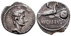 Roman Imperatorial Augustus. Denarius. 18-17/16 BC. Colonia Patricia (Córdoba). (Ffc-14). (Ric-126). (Cal-808). Anv.: Bare head of Augustus right. Rev.: AVGVSTVS below capricorn right bearing cornucop