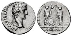 Roman Imperatorial Augustus. Denarius. 7-6 BC. Lugdunum. (Ffc-22). (Ric-207). (Cal-852). Anv.: CAESAR AVGVSTVS DIVI. F. PATER. PATRIE, his laureate head right. Rev.: C.L. CAESARES AVGVSTI. F. COS. DES