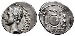 Roman Imperatorial Augustus. Denarius. 19 BC. Colonia Patricia (Córdoba). (Ffc-184). (Ric-86b). (Cal-751). Anv.: CAESAR AVGVSTVS bare head of Augustus left. Rev.: SIGNIS RECEPTIS above and below S.P.Q