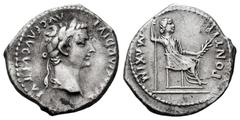 Roman Imperial Tiberius. Denarius. 14-37 AD. Lugdunum. (Ric-26). (Rsc-16). Anv.: TI CAESAR DIVI AVG F AVGVSTVS, laureate head to right. Rev.: PONTIF MAXIM, female figure seated to right, holding long 