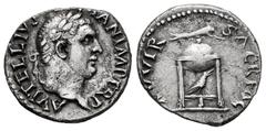 Roman Imperial Vitellius. Denarius. 69 AD. Rome. (Ric-86). (Rsc-114). (Bmcre-17). Anv.: A VITELLIVS GERMAN IMP TR P, laureate head right. Rev.: SACR FAC XV VIR, tripod-lebes surmounted with dolphin ly