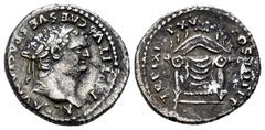 Roman Imperial Titus. Denarius. 80 AD. Rome. (Ric-122). (Rsc-313). (Bmcre-58). Anv.: IMP TITVS CAES VESPASIAN AVG P M, laureate head to right. Rev.: TR P IX IMP XV COS VIII P P, throne with round back