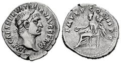 Roman Imperial Trajan. Denarius. 100 AD. Rome. (Ric-41). (Woytek-85a). (Rsc-223). Anv.: IMP CAES NERVA TRAIAN AVG GERM, laureate head right. Rev.: P M TR P COS III P P, Victory seated left, holding pa