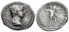 Roman Imperial Trajan. Denarius. 114-117 AD. Rome. (Ric-334). (Bmcre-631). Anv.: IMP CAES NER TRAIAN OPTIM AVG GERM DAC, laureate and draped bust right. Rev.: PARTHICO P M TR P COS VI P P SPQR, Virtus