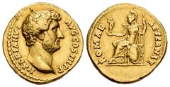 Roman Imperial Hadrian. Aureus. 134-138 AD. Rome. (Ric-265a). (Ch-1311). (Cal-1361). Anv.: HADRIANVS AVG COS III P P. bare head right. Rev.: ROMAE AETERNAE. Rome seated left with palladium and spear. 