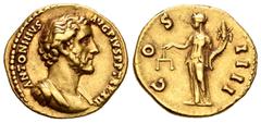 Roman Imperial Antoninus Pius. Aureus. 148-149 AD. Rome. (Ric-177c). (Ch-235). (Cal-1500). Anv.: ANTONINVS AVG PIVS P P TR P XII, bareheaded and cuirassed bust of Antoninus right. Rev.: COS IIII, Aequ