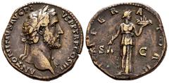 Roman Imperial Antoninus Pius. Sestertius. 139 AD. Rome. (Ric-716a). Anv.: ANTONINVS AVG PI[VS P P TR P COS III], laureate head right . Rev.: IMPERATOR II, Fides standing right, holding corn-ears and 