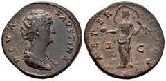 Roman Imperial Diva Faustina. Sestertius. 141 AD. Rome. (Ric-1106). Anv.: DIVA FAVSTINA. Draped bust right. Rev.: AETERNITAS. Aeternitas standing left, holding globe and raising above head starry mant