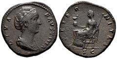 Roman Imperial Diva Faustina. Struck under Antoninus Pius. Sestertius. 146-161 AD. Rome. (Ric-1103A). (Ch-12). Anv.: DIVA FAVSTINA, draped bust right, wearing hair bound in pearls on top of her head. 