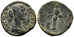 Roman Imperial Lucila. Sestertius. 161-162 AD. Rome. (Ric-1756 var). (C-54 var). Anv.: LVCILLA AVGVSTA. draped bust right. Rev.: Pietas standing left, holding accerum and sacrificing over lighted alta